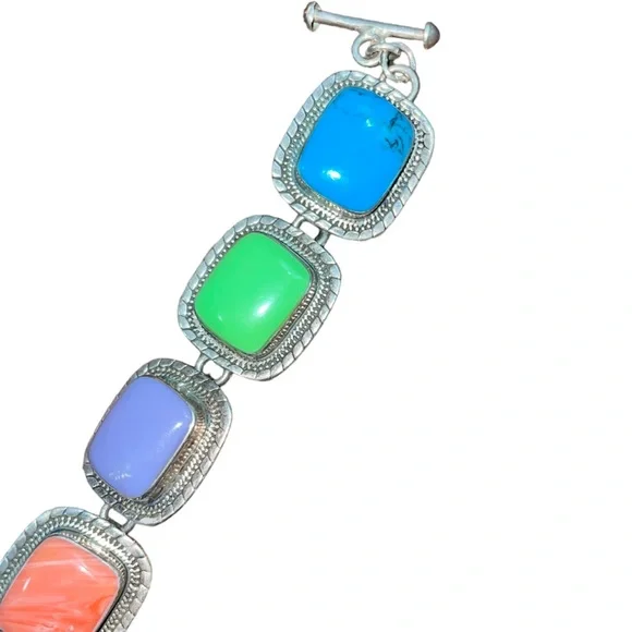 925 Sterling Silver Vintage Mexico Real Multi-Color Gem Link Bracelet 6 1/4" - Picture 3 of 8